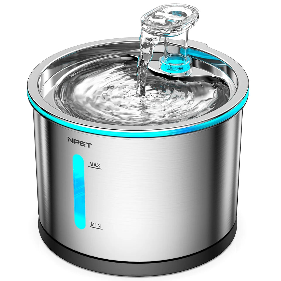 NPET Stainless Steel Cat Water Fountain 50oz Dishwasher Safe with Window Light