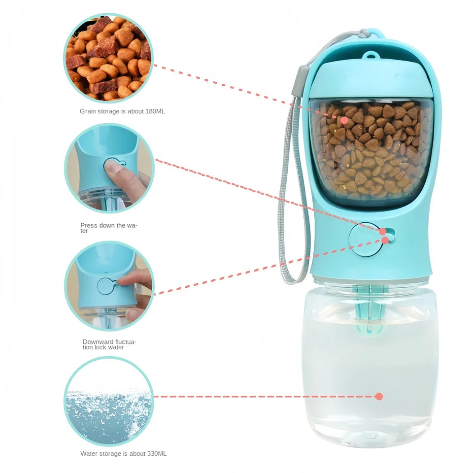 Portable Pet Water Bottle with Food Storage Outdoor Travel Feeder for Dogs Cats