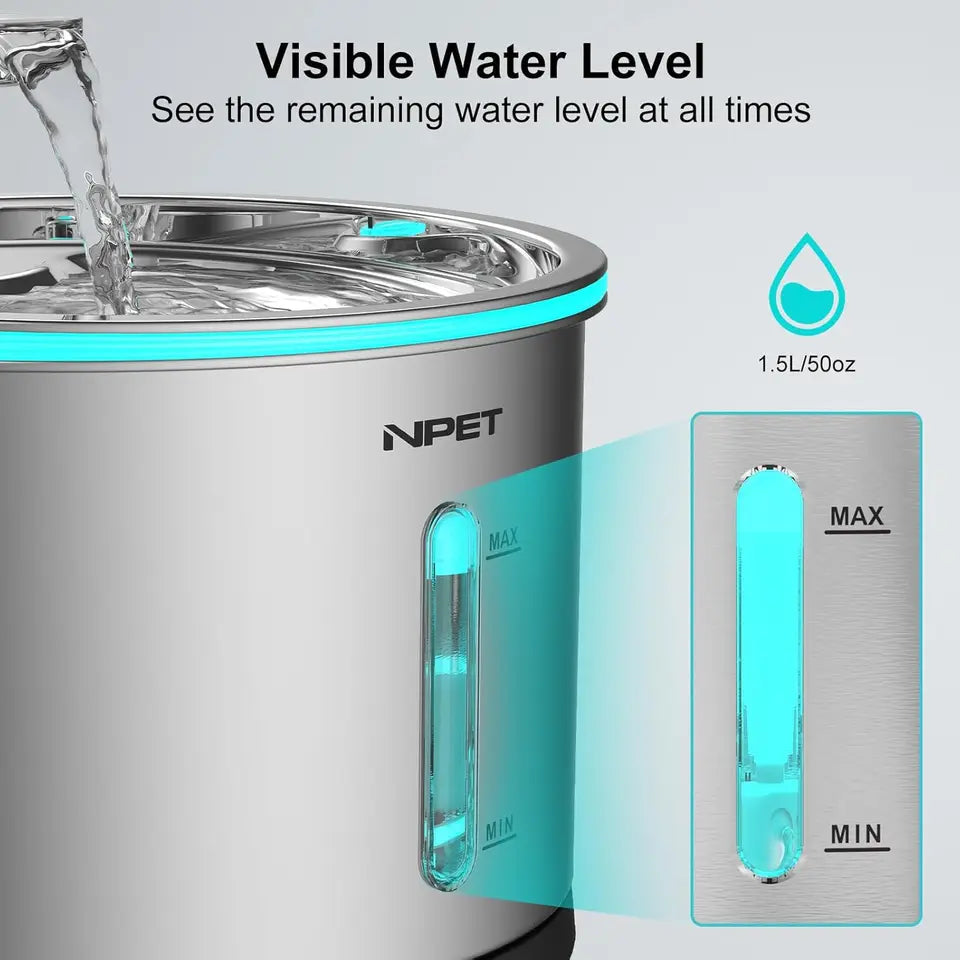 NPET Stainless Steel Cat Water Fountain 50oz Dishwasher Safe with Window Light